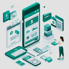 Abstract digital illustration showcasing mobile app development process with diverse UI elements, user interactions, and data visualizations in modern design