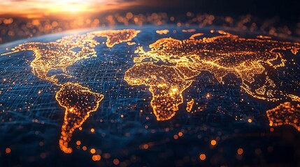 Poster - glowing global map of international business and economic capital flows