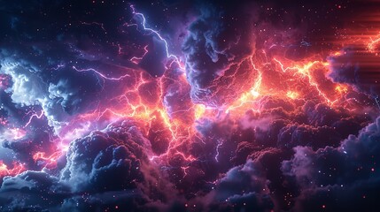 Wall Mural - This photo depicts a striking abstract image of a blue and black background illuminated by multiple lightning strikes