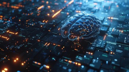 Poster - Big data and artificial intelligence concept. Human brain glowing from processor, symbolizing the fusion of human intelligence and machine learning capabilities. Evolution of technology of data