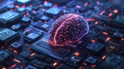 Poster - Big data and artificial intelligence concept. Human brain glowing from processor, symbolizing the fusion of human intelligence and machine learning capabilities. Evolution of technology of data