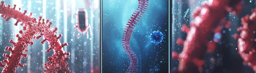 Poster - Futuristic mobile phone screen with ai-enhanced detection of viral structures digital environment close-up view