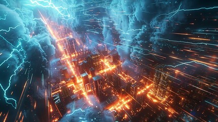 Wall Mural - This photo depicts a striking abstract image of a blue and black background illuminated by multiple lightning strikes