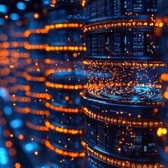 Poster - futuristic quantum data farm with glowing processors transferring data instantaneously