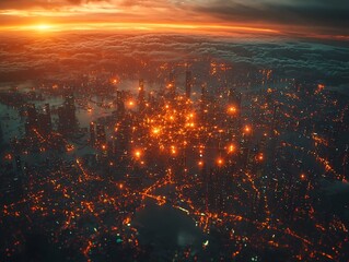 Canvas Print - Glowing Quantum Network Across Illuminated Futuristic Cityscape at Night