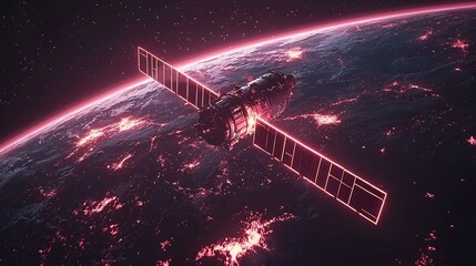 Poster - quantum internet satellite orbiting earth with glowing beams connecting to ground stations