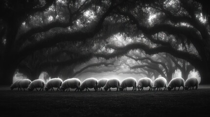 Poster - Monochrome flock of sheep grazing under majestic oak trees in misty morning light.