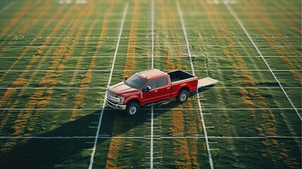Poster - A new pickup truck pulling a football tackle sled across a football field.