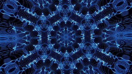 Poster - Seamless pattern with symmetrical design in blue tones. Abstract kaleidoscopic geometric pattern. Hypnotic background. Abstract vector illustration.