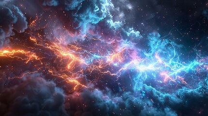 Wall Mural - This photo depicts a striking abstract image of a blue and black background illuminated by multiple lightning strikes