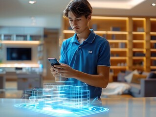 Poster - Young man is standing near a table with a hologram projection of a modern building on it. He holds a phone in his hand. A holographic interface is floating above the smartphone screen.