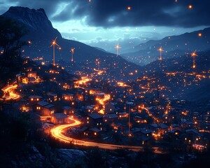 Wall Mural - glowing rural wind farm connected to smart grid powering the region at night