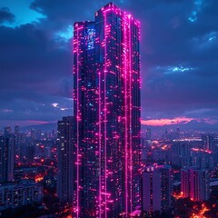 Poster - Futuristic Skyscraper with Smart Grid Interface Glowing on the Facade Displaying Energy Usage and Carbon Footprint