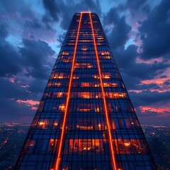 Poster - Futuristic Skyscraper with Smart Grid Interface Showcasing Energy Data on Facade at Dramatic Sunset