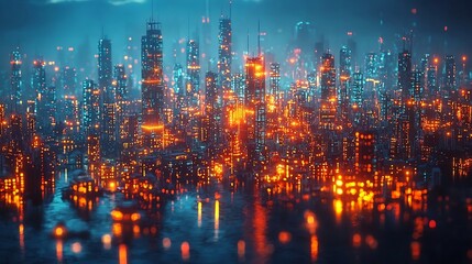 Poster - futuristic cityscape illuminated by sustainable smart grid energy network at night