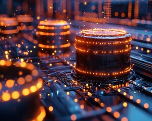Poster - glowing battery storage facility powering smart grid with renewable energy distribution