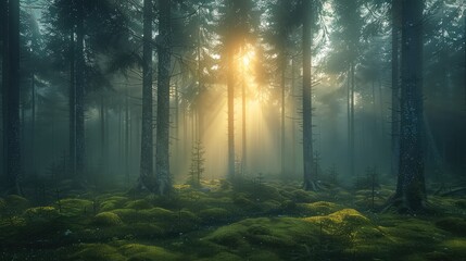 Poster - A mystical forest at dawn, tall pine trees shrouded in fog, soft diffused light, sun rays breaking through the trees, lush mossy ground, calm and mysterious atmosphere.