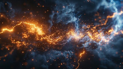 Wall Mural - This photo depicts a striking abstract image of a blue and black background illuminated by multiple lightning strikes