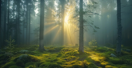 Poster - A mystical forest at dawn, tall pine trees shrouded in fog, soft diffused light, sun rays breaking through the trees, lush mossy ground, calm and mysterious atmosphere.
