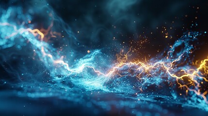 Wall Mural - This photo depicts a striking abstract image of a blue and black background illuminated by multiple lightning strikes