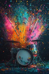 Wall Mural - A drum with drumsticks surrounded by bright paint splashes.