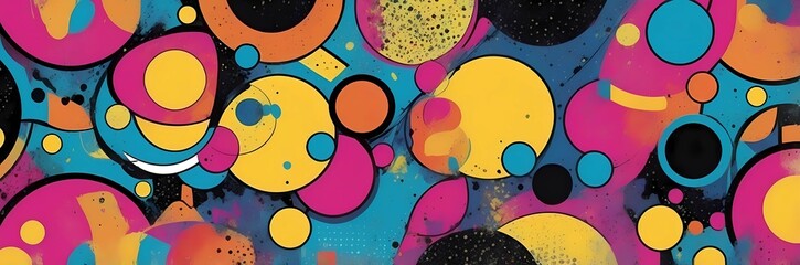 Wall Mural - Wide abstract colorful art paint retro 90s background wallpaper with artistic shapes	