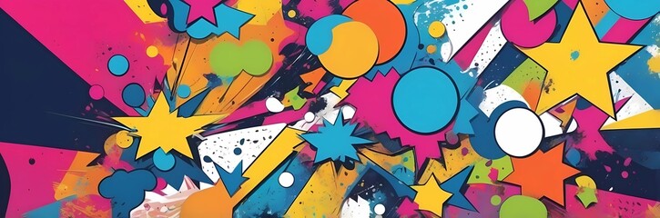 Wall Mural - Wide abstract colorful art paint retro 90s background wallpaper with artistic shapes	