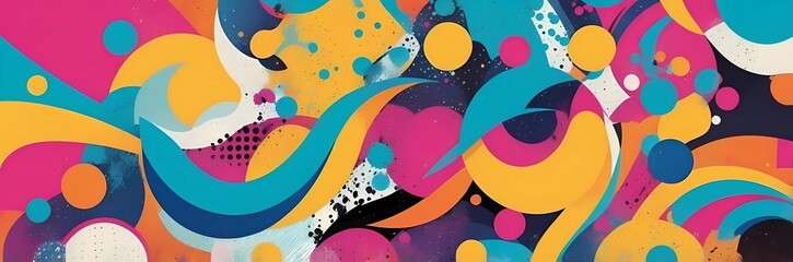 Wall Mural - Wide abstract colorful art paint retro 90s background wallpaper with artistic shapes	