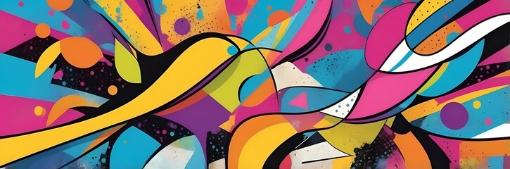 Wall Mural - Wide abstract colorful art paint retro 90s background wallpaper with artistic shapes	