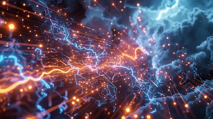 Wall Mural - This photo depicts a striking abstract image of a blue and black background illuminated by multiple lightning strikes