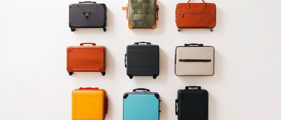 Stylish suitcases neatly arrayed on a minimalistic background evoke a sense of travel and exploration.