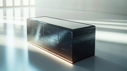 Aufkleber - A black rectangular prism with a sense of virtual future technology, composed of light, covered with solar panels on the surface, and a white background.