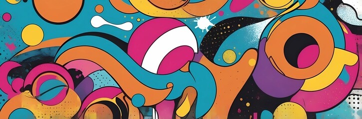 Wall Mural - Wide abstract colorful art paint retro 90s background wallpaper with artistic shapes	