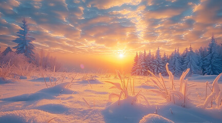 Poster - A peaceful snowy meadow with a distant view of the sunrise breaking through the clouds, winter mood.