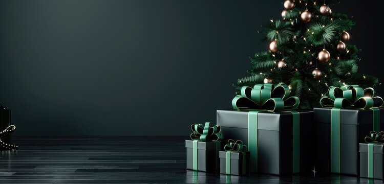 Christmas gift boxes in black and green with a 3D-rendered tree and garlands, set against a black background, creating a festive atmosphere with plenty of copy space for messages.