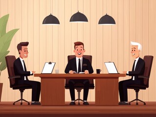 Aufkleber - A group of people having a discussion. Three professionals engage in a meeting around a table, discussing ideas in a modern office setting, showcasing teamwork and collaboration.