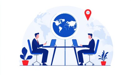 Aufkleber - Two professionals working at laptops, surrounded by plants, with a globe and location pin graphic symbolizing global connectivity.
