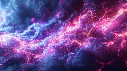 Wall Mural - This photo depicts a striking abstract image of a blue and purple background illuminated by multiple lightning strikes
