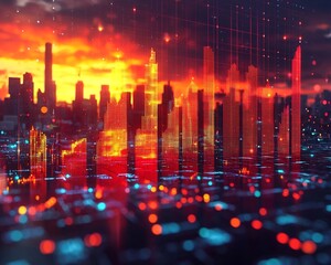 Poster - skyscraper data graph visualizing urban growth and development in vibrant cityscape
