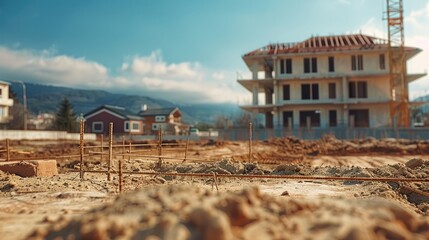 Poster - A construction site with a house far in the background.