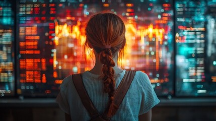 Poster - Student Analyzing Futuristic Graph Data in Cityscape Backdrop