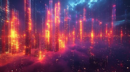 Poster - Limitless Growth Potential in a Futuristic Digital Economy Visualized through a Glowing Bar Graph Reaching into the Clouds