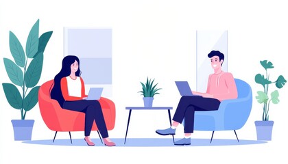 Aufkleber - A modern illustration of two people in a cozy setting, engaging with laptops, surrounded by indoor plants, symbolizing collaboration and productivity.