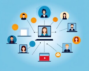 Leinwandbilder - A group of people having a discussion. A graphic depicting a network of people connected through a computer, representing online communication and collaboration.