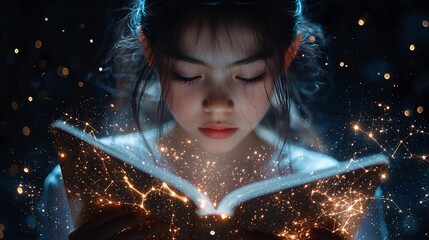 Poster - Young Girl Holding Open Book with Glowing Knowledge Forming Interconnected Concepts Symbolizing How Education Fosters Deep Understanding