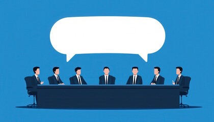 Aufkleber - A group of business professionals sits around a table, engaged in discussion, with empty speech bubbles above them, suggesting a conversation or brainstorming session.