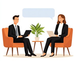 Poster - A professional discussion between a man and a woman seated in modern chairs, each using a laptop, with a plant and a speech bubble in the background.