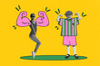© master1305 - Child in striped oversized outfit and man with illustrated pink cartoon muscles against vibrant yellow background. Strength. Contemporary art collage. Concept of humorous touch on sport