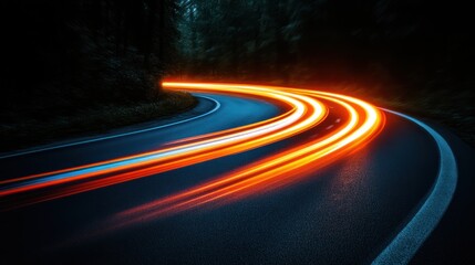 night road with light trails, curves, speed.