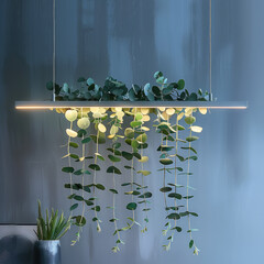 Poster - Composition of eucalyptus branches hanging from the ceiling on a horizontal linear LED light structure base.